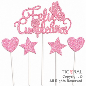 CAKE TOPPER FELIZ CUMPLEA�OS CON ESTRELLAS Y CORAZONES GIBRE ROSA